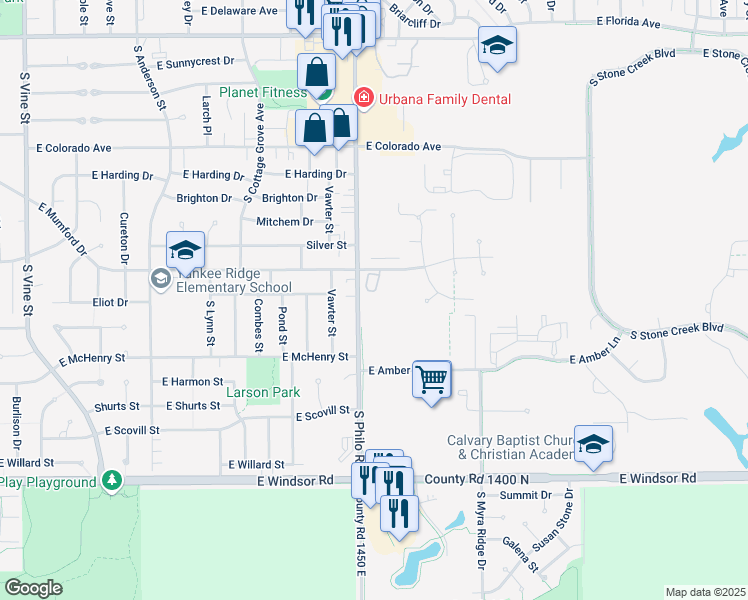 map of restaurants, bars, coffee shops, grocery stores, and more near 2200 Philo Road in Urbana