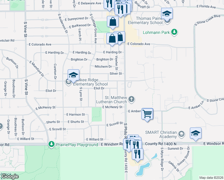 map of restaurants, bars, coffee shops, grocery stores, and more near 2208 Fletcher Street in Urbana
