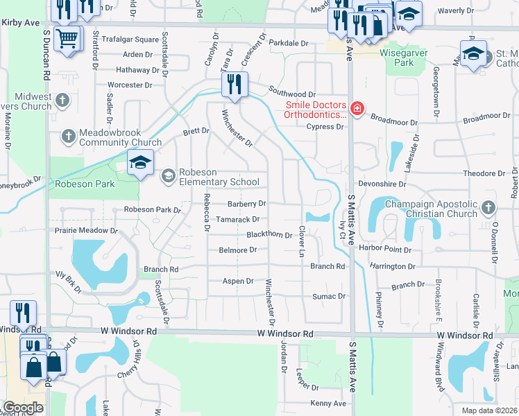 map of restaurants, bars, coffee shops, grocery stores, and more near 2207 Tamarack Drive in Champaign