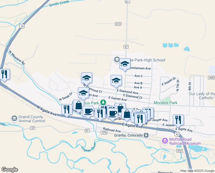 map of restaurants, bars, coffee shops, grocery stores, and more near 9 West Diamond Court in Granby