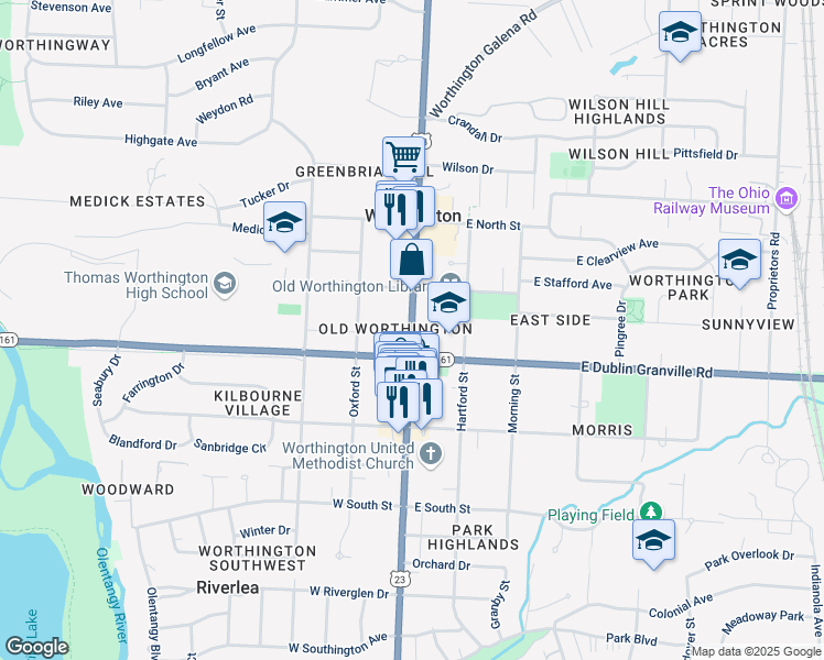 map of restaurants, bars, coffee shops, grocery stores, and more near 800 North High Street in Worthington