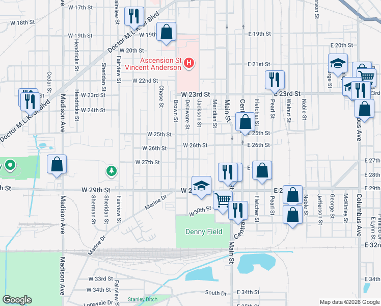 map of restaurants, bars, coffee shops, grocery stores, and more near 2707 Delaware Street in Anderson