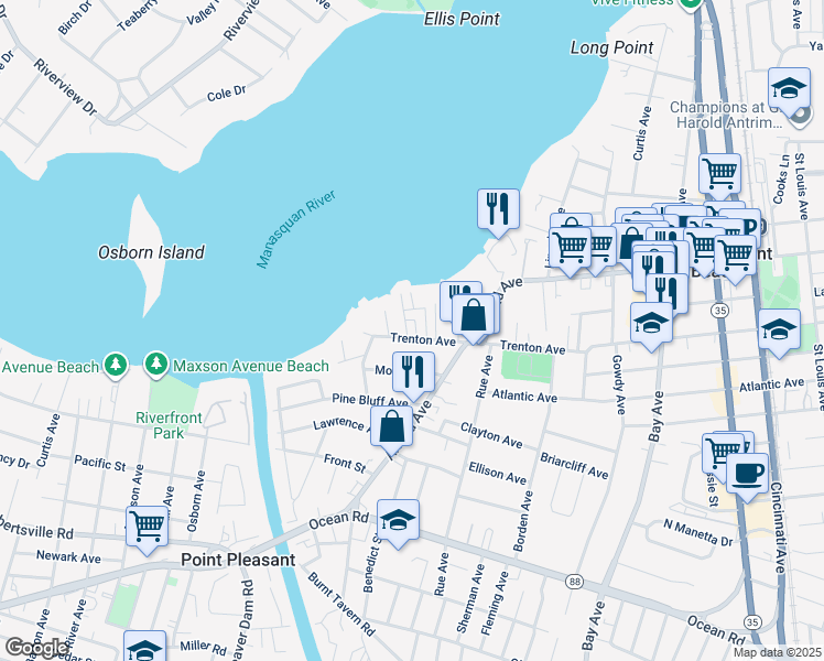 map of restaurants, bars, coffee shops, grocery stores, and more near 818 Sinclair Road in Point Pleasant
