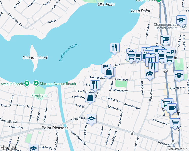 map of restaurants, bars, coffee shops, grocery stores, and more near 818 Sinclair Road in Point Pleasant