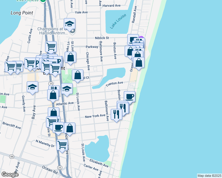 map of restaurants, bars, coffee shops, grocery stores, and more near 119 Atlantic Avenue in Point Pleasant Beach