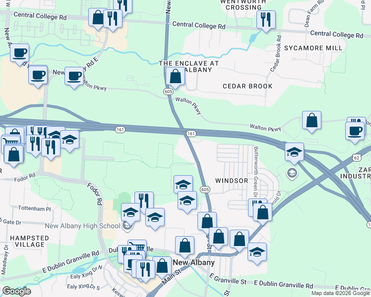 map of restaurants, bars, coffee shops, grocery stores, and more near 6601 New Albany Condit Road in New Albany