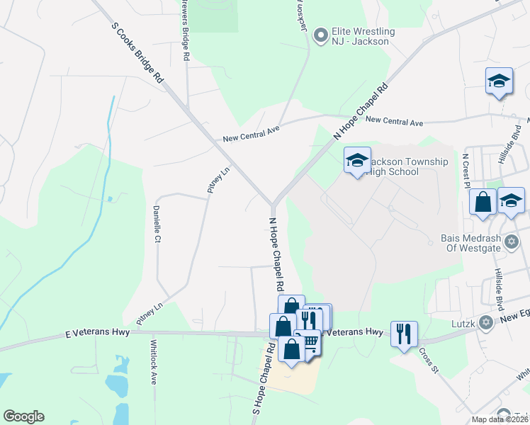 map of restaurants, bars, coffee shops, grocery stores, and more near 70 North Hope Chapel Road in Jackson Township