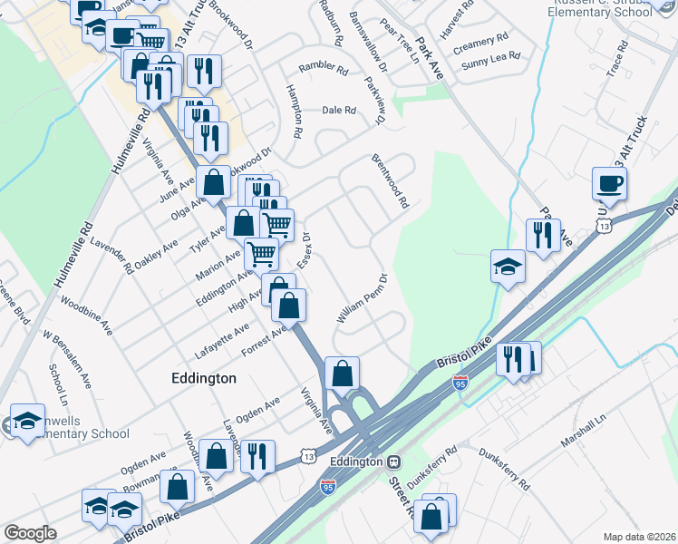 map of restaurants, bars, coffee shops, grocery stores, and more near 1329 Cheltenham Drive in Bensalem
