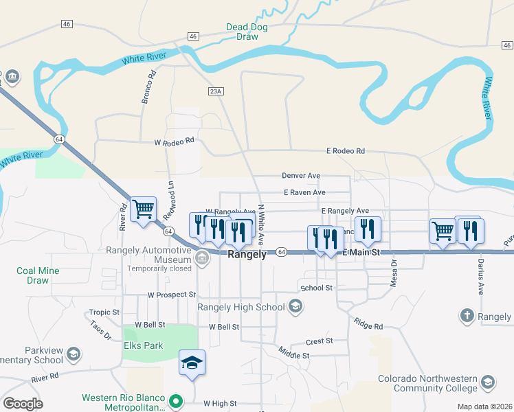 map of restaurants, bars, coffee shops, grocery stores, and more near 106 East Raven Avenue in Rangely