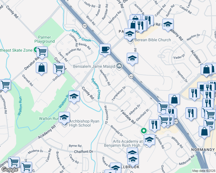 map of restaurants, bars, coffee shops, grocery stores, and more near in Philadelphia