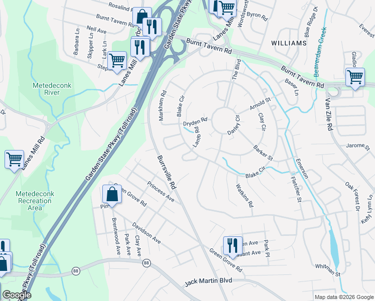 map of restaurants, bars, coffee shops, grocery stores, and more near 16 Lamb Road in Brick Township