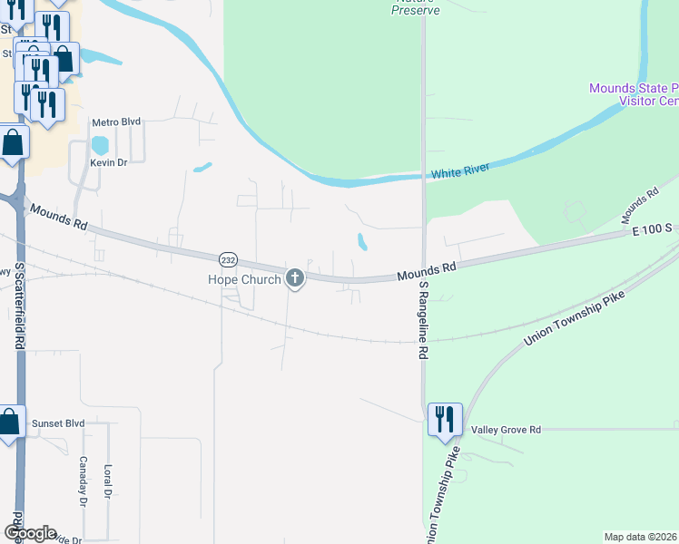 map of restaurants, bars, coffee shops, grocery stores, and more near 115 Kempher Drive in Anderson