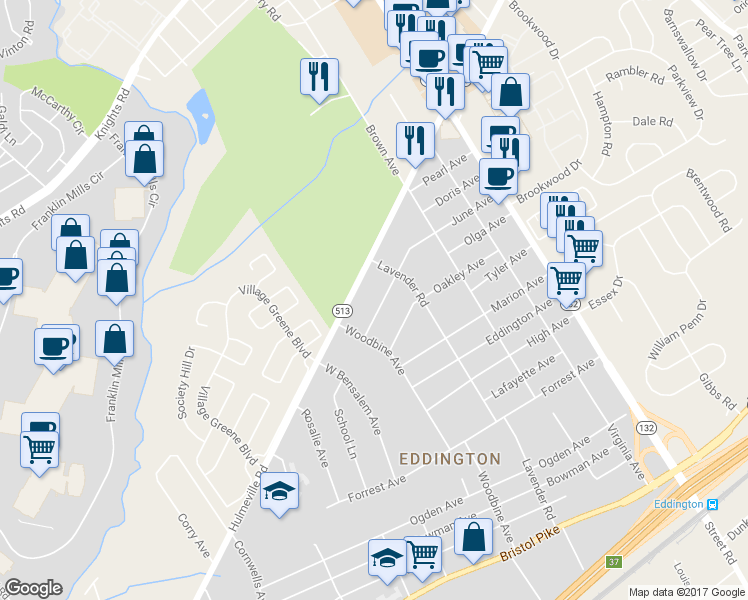 map of restaurants, bars, coffee shops, grocery stores, and more near 2608 June Avenue in Bensalem