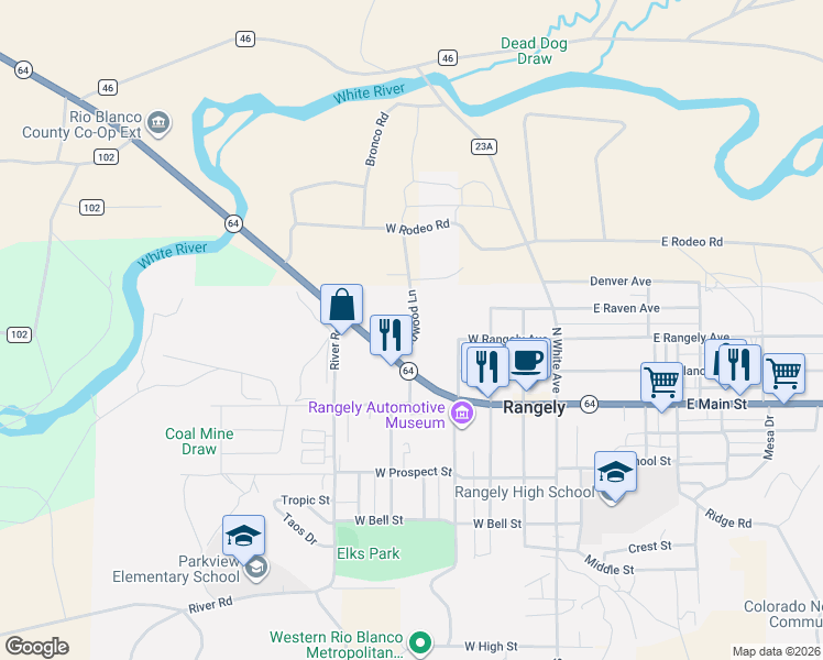 map of restaurants, bars, coffee shops, grocery stores, and more near 502 Redwood Lane in Rangely
