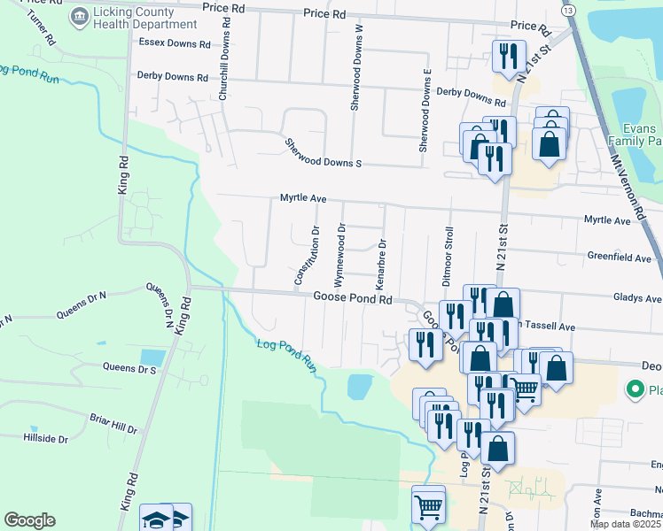 map of restaurants, bars, coffee shops, grocery stores, and more near 1531 Wynnewood Drive in Newark