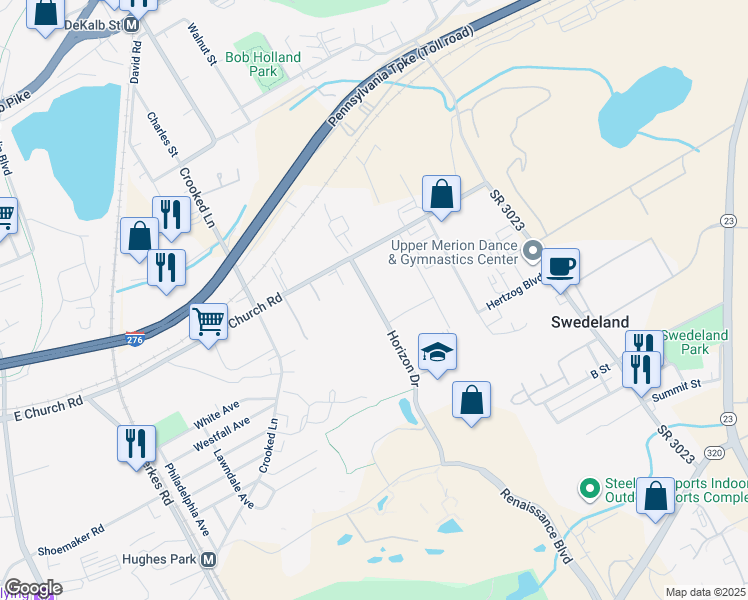 map of restaurants, bars, coffee shops, grocery stores, and more near 3606 Horizon Drive in King of Prussia