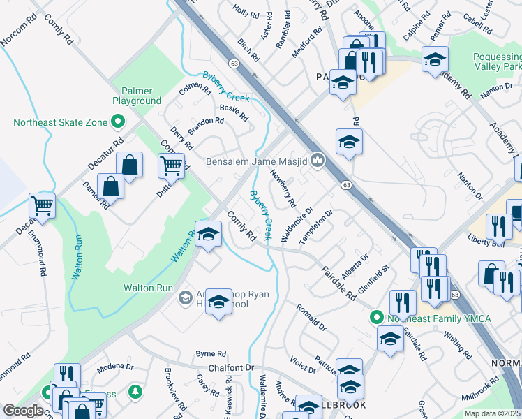 map of restaurants, bars, coffee shops, grocery stores, and more near 11901-13 Academy Place in Philadelphia