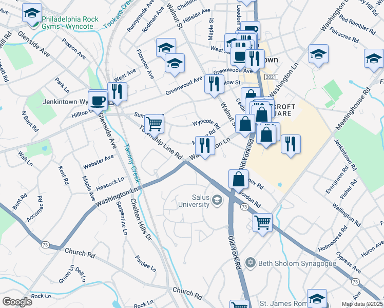 map of restaurants, bars, coffee shops, grocery stores, and more near 252 Mather Road in Jenkintown
