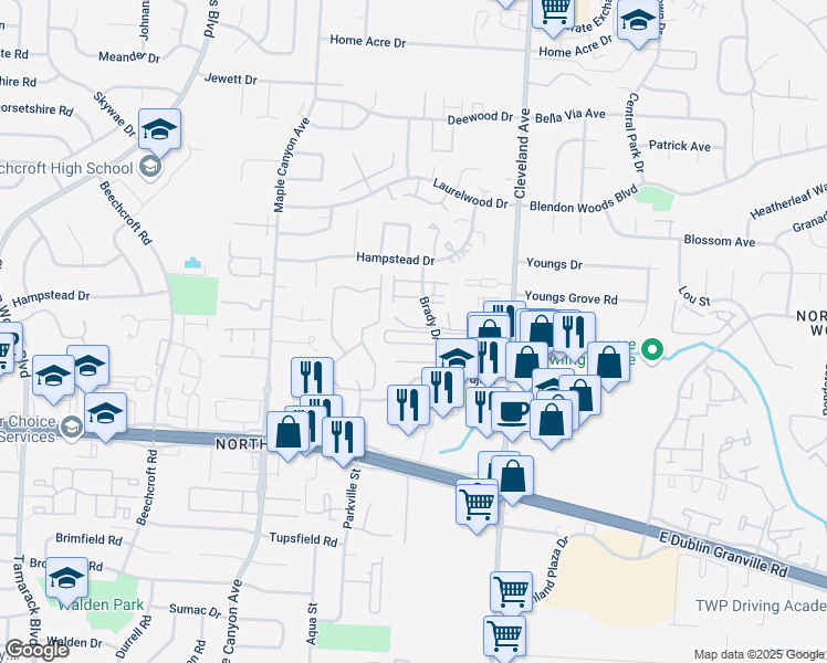 map of restaurants, bars, coffee shops, grocery stores, and more near 2425 Hannaway Lane in Columbus