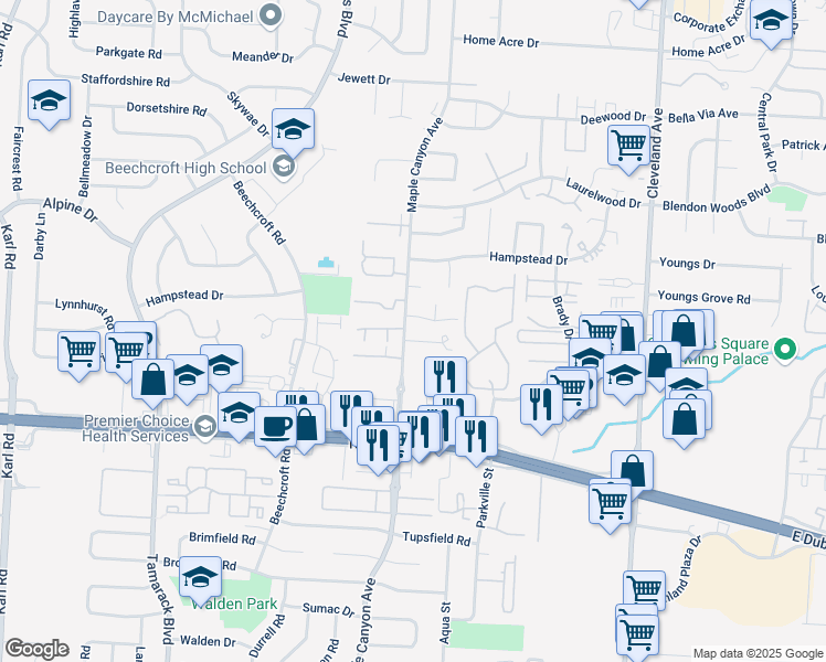 map of restaurants, bars, coffee shops, grocery stores, and more near 2252 Canyon Tree Drive in Columbus