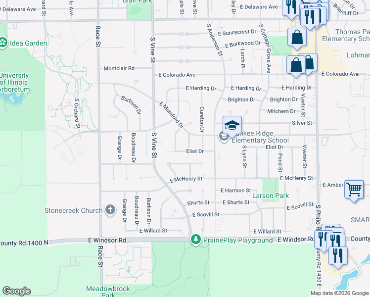map of restaurants, bars, coffee shops, grocery stores, and more near 501 East Mumford Drive in Urbana