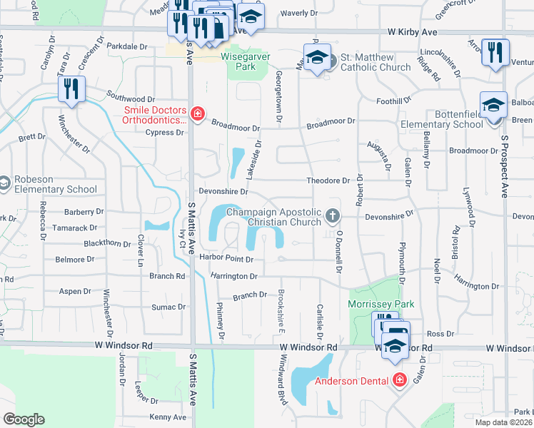 map of restaurants, bars, coffee shops, grocery stores, and more near in Champaign