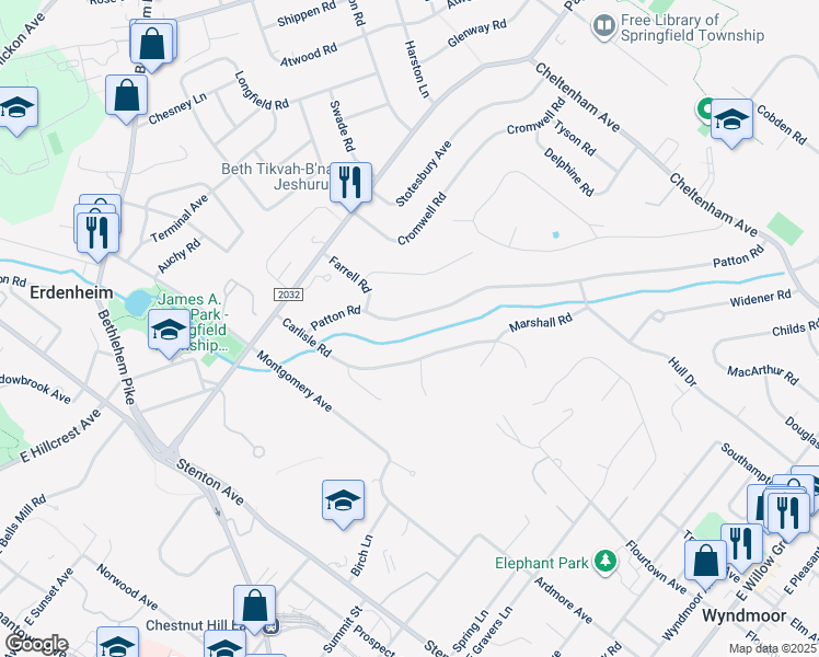 map of restaurants, bars, coffee shops, grocery stores, and more near 8816 Patton Road in Wyndmoor