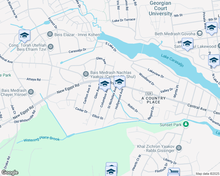 map of restaurants, bars, coffee shops, grocery stores, and more near 109 Columbus Avenue South in Lakewood Township