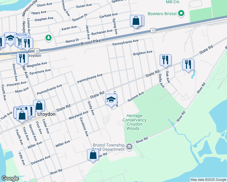 map of restaurants, bars, coffee shops, grocery stores, and more near 1810 State Road in Croydon