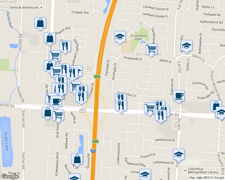 map of restaurants, bars, coffee shops, grocery stores, and more near Chesterton Ln & Sanborn Pl in Columbus