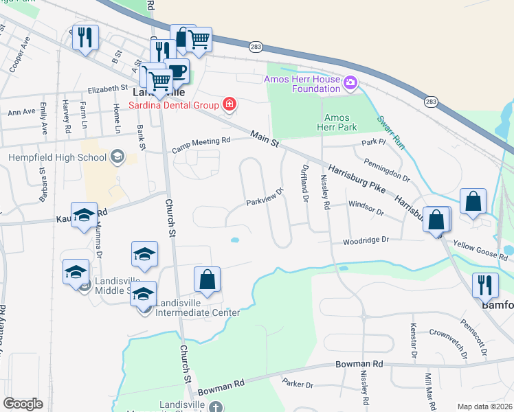 map of restaurants, bars, coffee shops, grocery stores, and more near 305 North Homestead Drive in Salunga-Landisville