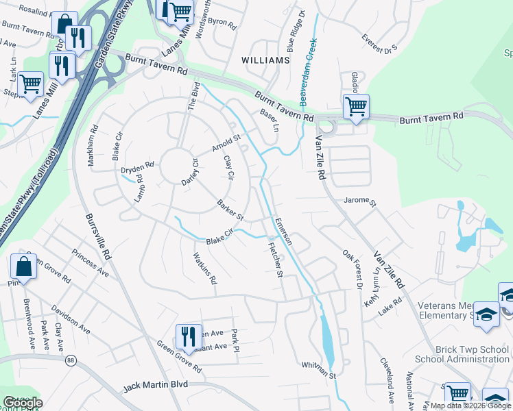 map of restaurants, bars, coffee shops, grocery stores, and more near 110 Whittier Road in Brick Township