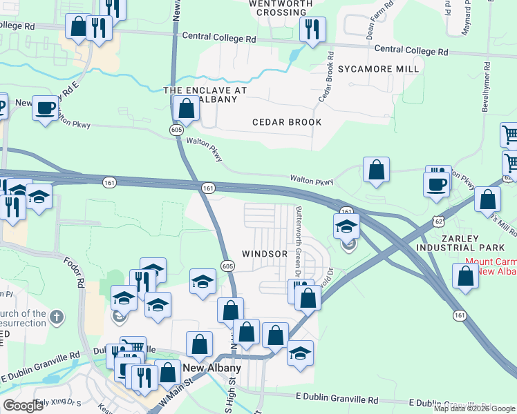 map of restaurants, bars, coffee shops, grocery stores, and more near 8214 Butterworth Green Drive in New Albany
