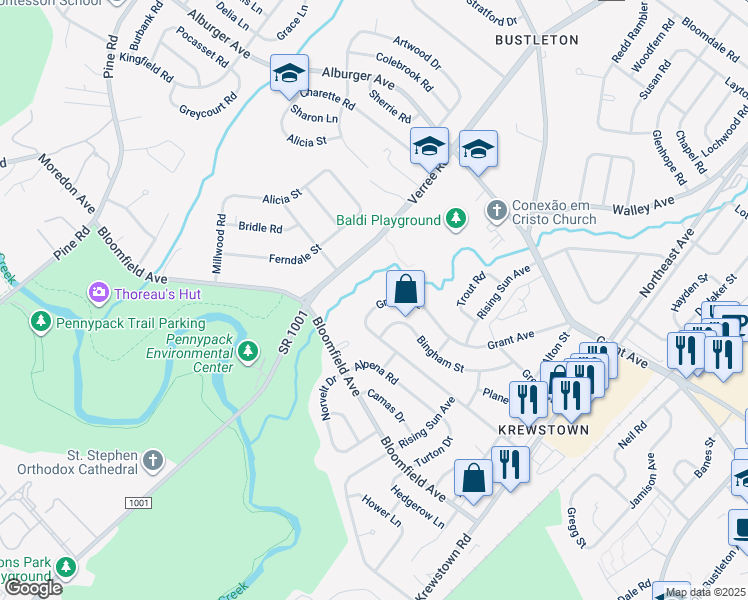 map of restaurants, bars, coffee shops, grocery stores, and more near 1011 Grant Ave in Philadelphia