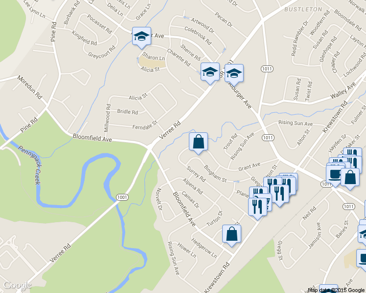 map of restaurants, bars, coffee shops, grocery stores, and more near 1011 Grant Ave in Philadelphia