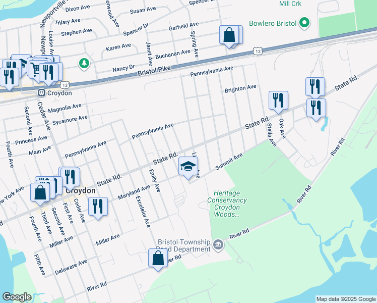 map of restaurants, bars, coffee shops, grocery stores, and more near 1813 State Road in Croydon