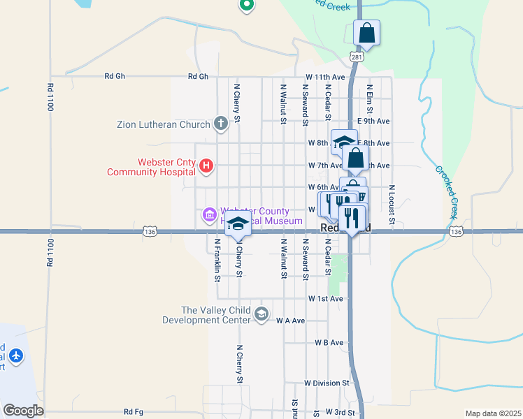 map of restaurants, bars, coffee shops, grocery stores, and more near 499 West 5th Avenue in Red Cloud