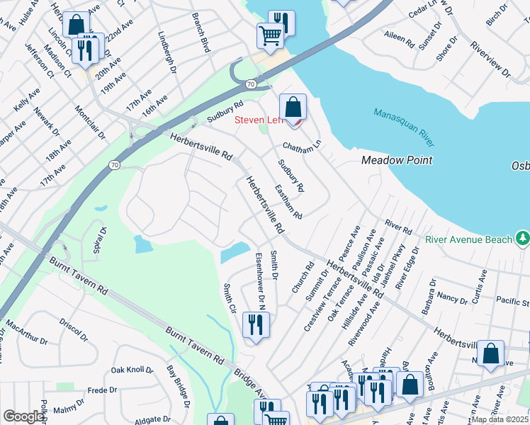 map of restaurants, bars, coffee shops, grocery stores, and more near 3824 Herbertsville Road in Point Pleasant Beach