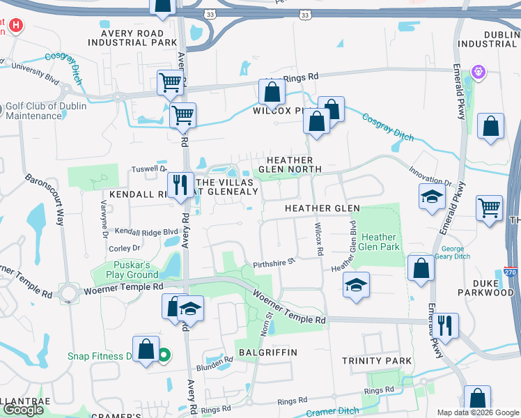 map of restaurants, bars, coffee shops, grocery stores, and more near 6107 Innovation Drive in Dublin