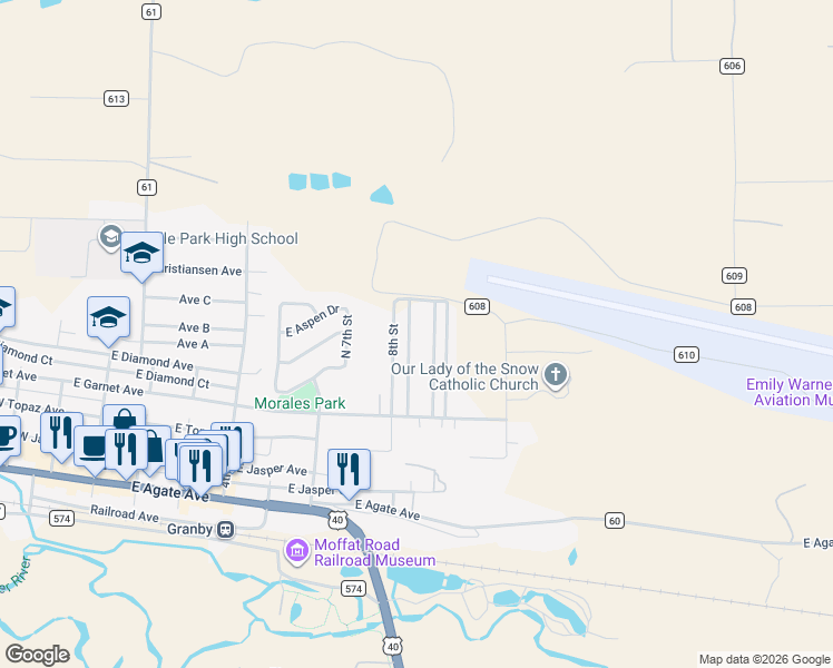 map of restaurants, bars, coffee shops, grocery stores, and more near 710 Casa Grande Dr in Granby