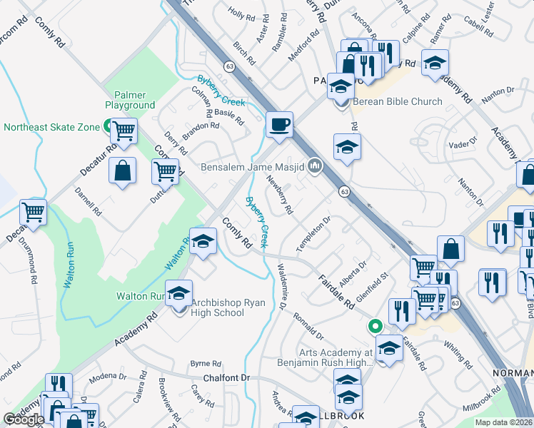 map of restaurants, bars, coffee shops, grocery stores, and more near 11901-13 Academy Place in Philadelphia