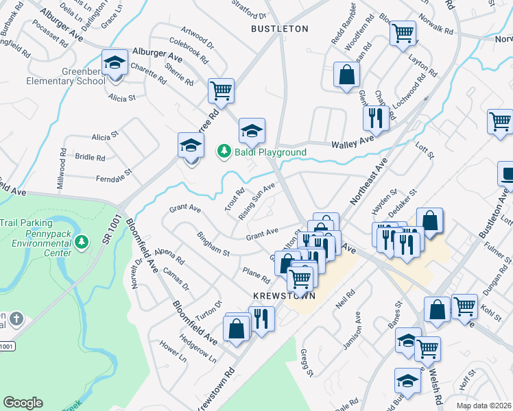 map of restaurants, bars, coffee shops, grocery stores, and more near 9345 Rising Sun Avenue in Philadelphia