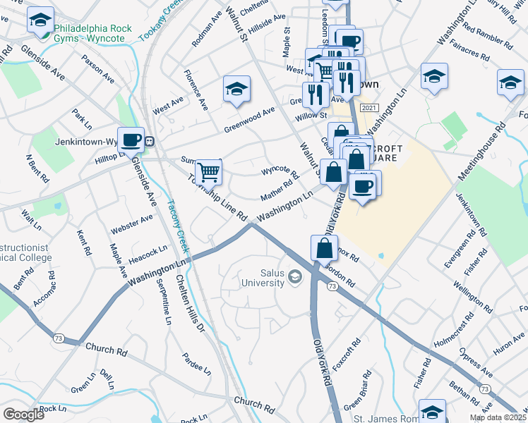 map of restaurants, bars, coffee shops, grocery stores, and more near 252 Mather Road in Jenkintown
