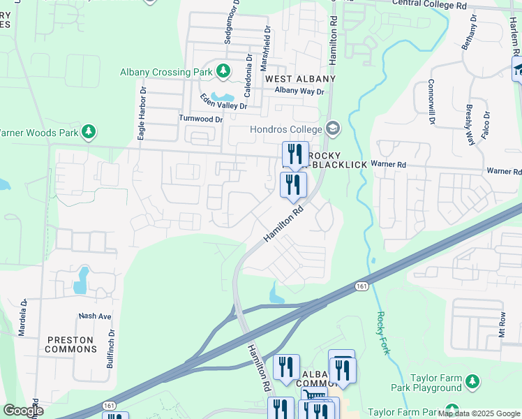 map of restaurants, bars, coffee shops, grocery stores, and more near 6155 Kirklington Circle in Westerville