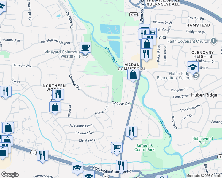 map of restaurants, bars, coffee shops, grocery stores, and more near 3419 Hampton Cove in Westerville