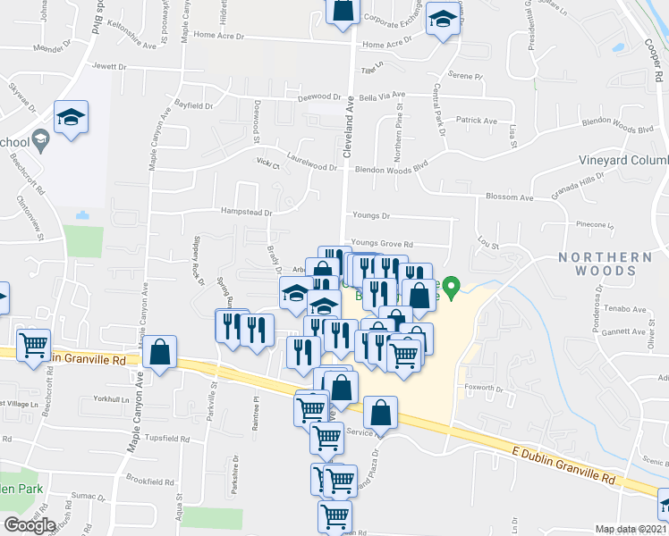 map of restaurants, bars, coffee shops, grocery stores, and more near 2531 Arborview Drive in Columbus