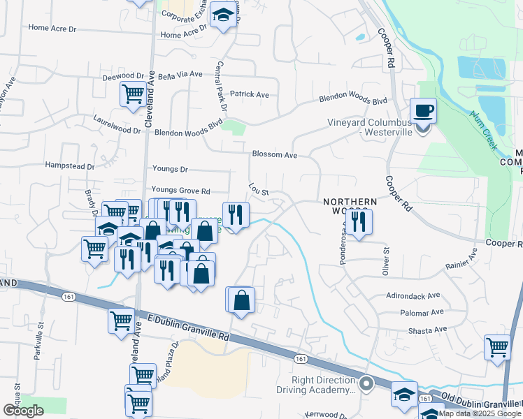 map of restaurants, bars, coffee shops, grocery stores, and more near 3172 Vista View Boulevard in Columbus