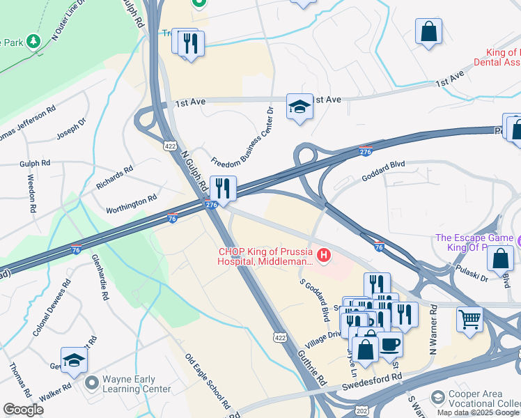 map of restaurants, bars, coffee shops, grocery stores, and more near 500 North Gulph Road in King of Prussia