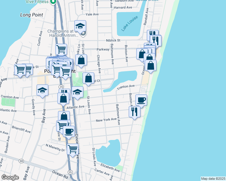 map of restaurants, bars, coffee shops, grocery stores, and more near 115 Trenton Avenue in Point Pleasant Beach