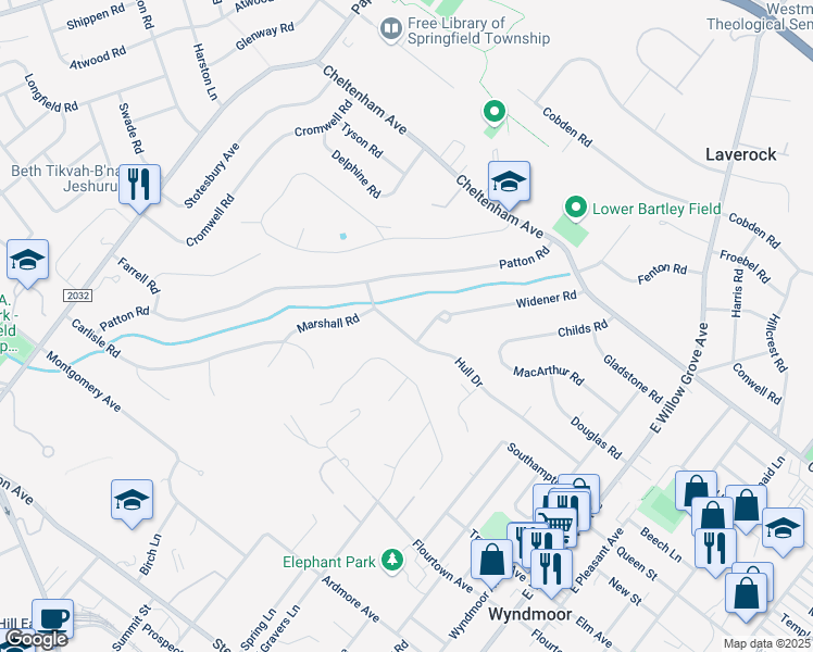 map of restaurants, bars, coffee shops, grocery stores, and more near 8603 Hull Drive in Wyndmoor